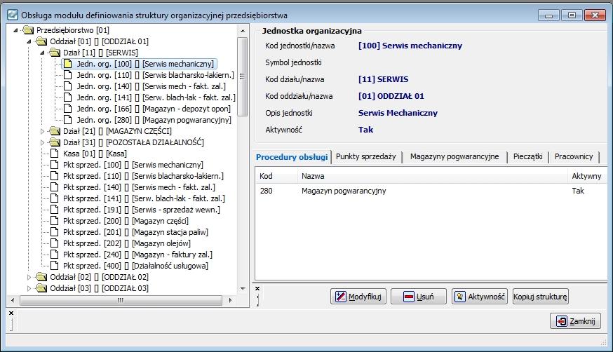 Ekran 2 Okno obsługi modułu definiowania struktury przedsiębiorstwa W lewej części okna wyświetlona jest hierarchiczna struktura przedsiębiorstwa, podzielona na poszczególne oddziały (jeżeli firma