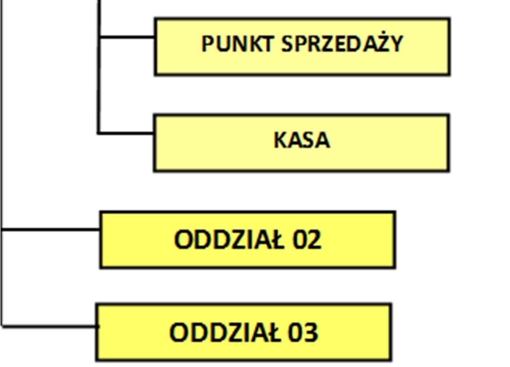 W słowniku struktury przedsiębiorstwa możliwe jest między innymi dodawanie/modyfikacja poszczególnych informacji, dodawanie/kopiowanie oddziału, działu, jednostki organizacyjnej, punktu sprzedaży,