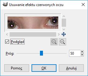 [55/74] GIMP Uzyskujemy następujący efekt: Rysunek 113. Okno Usuwanie efektu czerwonych oczu Rysunek 114.