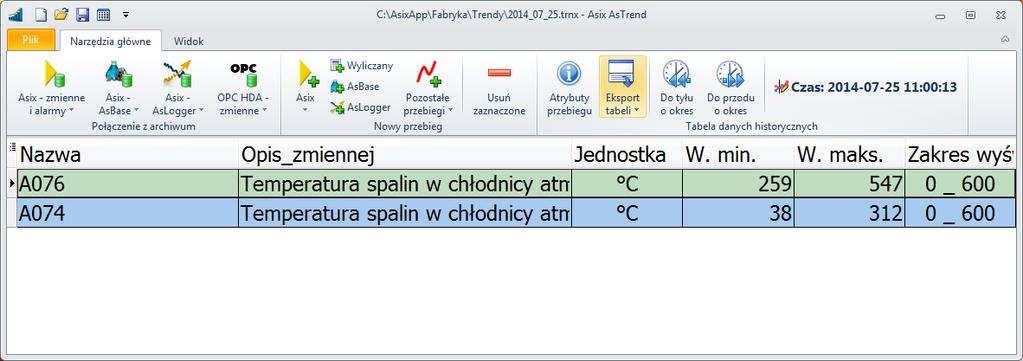 AsTrend 1.9 Tryb tabeli danych historycznych Program AsTrend umożliwia oglądanie danych historycznych w formie tabeli.