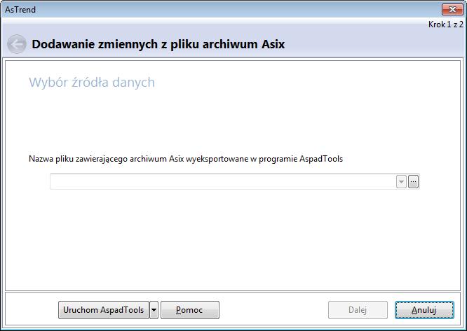 AsTrend 2.9.1.7 Dodanie zmiennej z pliku archiwum Asix Dodanie zmiennej z pliku archiwum Asix polega na wczytaniu do trendu danych wyeksportowanych w programie AspadTools.