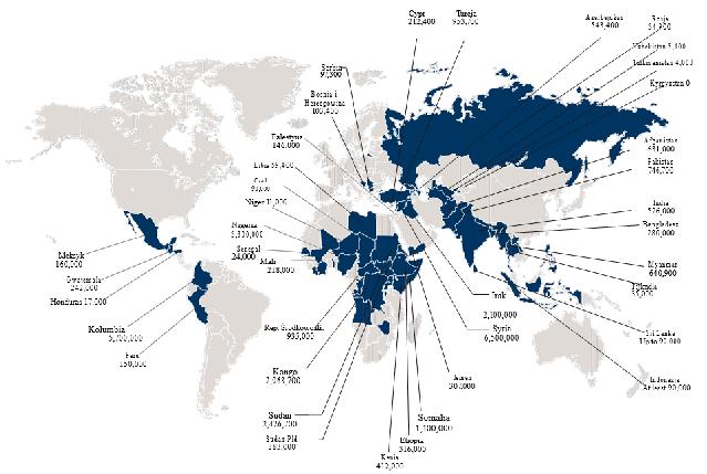 Liczba uchodźców opuszczających swój kraj w wyniku konfliktów i wojen Źródło: http://www.internal-displacement.