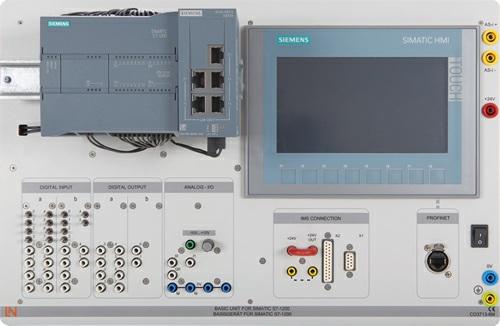 Modular training system for PLC devices in the SIMATIC S7-1200 range. Profile rails are fully accessible and can accommodate a PROFIBUS or an AS-i master module.
