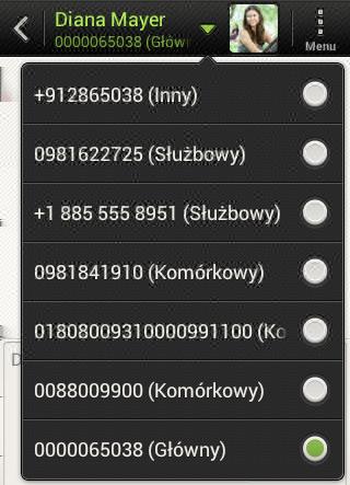 49 Wiadomości Odpowiadanie na inny numer telefonu kontaktu Jeśli kontakt posiada kilka numerów telefonu zapisanych w telefonie HTC Desire C, pod nazwą kontaktu wyświetlony zostanie konkretny użyty