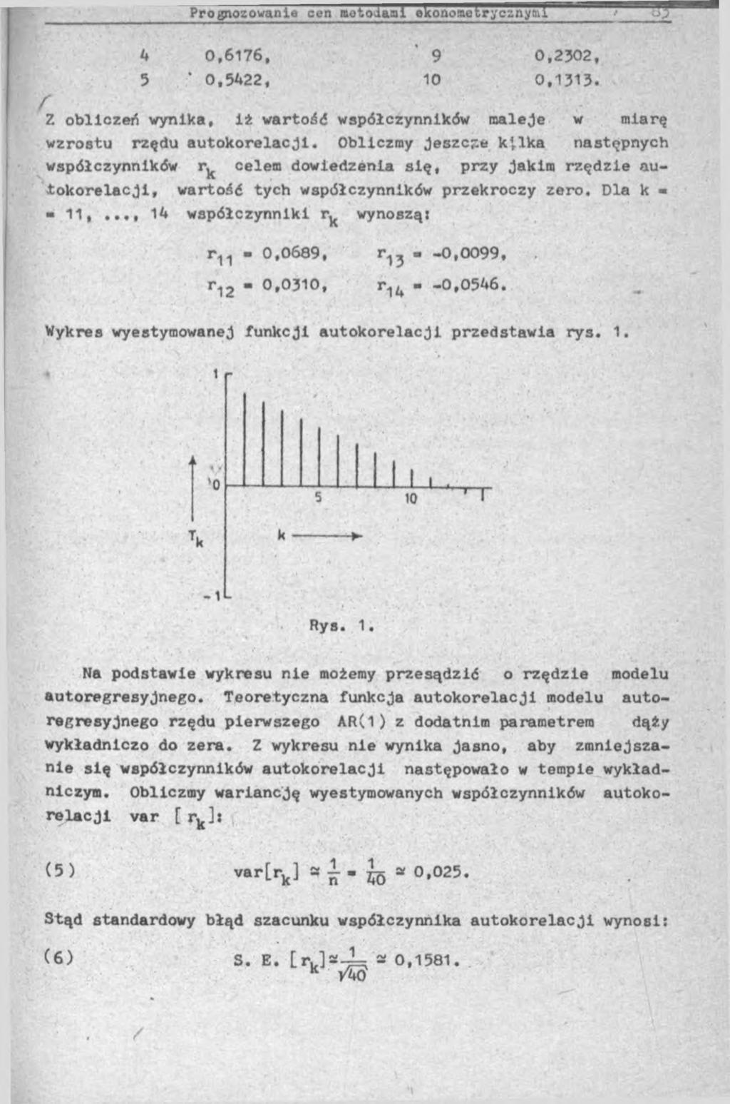4 0,6176, 9 0,2302, 5 ' 0,5422, 10 0,1313. f Z obliczeń wynika, iż wartość współczynników maleje w miarę wzrostu rzędu autokorelacji.