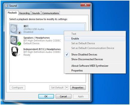 3. Monitor dokujący USB - wprowadzenie 2. Kliknij opcję 231P4U USB Audio i wybierz pozycję Włącz.