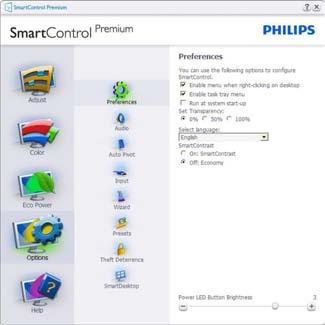 Options (Opcje). Dla monitorów bez obsługi DDC/ CI dostępne są wyłącznie zakładki Help (Pomoc) i Options (Opcje). Wyświetlanie bieżących ustawień preferencji.