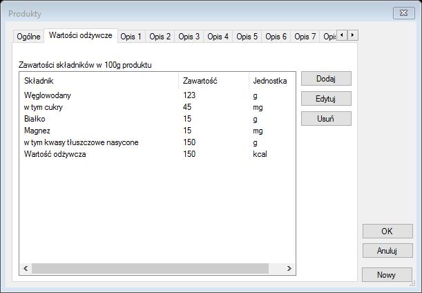 W zakładce tej znajduje się tabela wartości odżywczych składająca się z kolumn składnik, zawartość oraz jednostka.