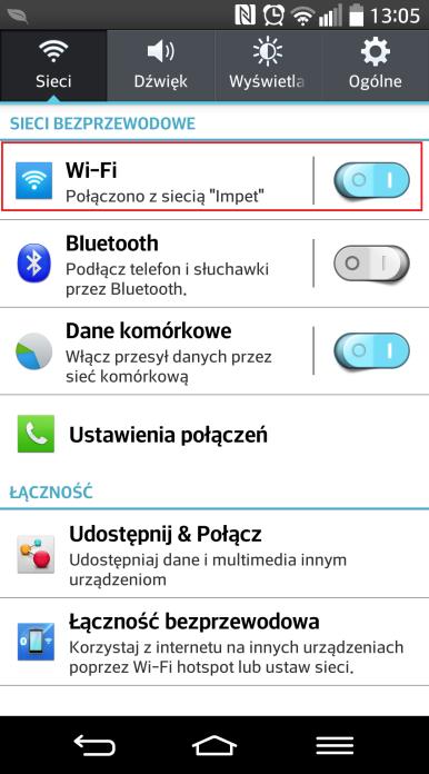 Ustawienia w Androidzie Należy wybrać Settings [Ustawienia] WLAN, przełączyć w tryb WLAN oraz
