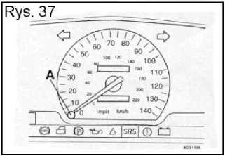 45 Volvo S40/V40 1999 Nacisnąć i przytrzymać przycisk zerowania [A]. Rys.37. licznika okresowego. Nacisnąć przycisk [A] i przytrzymać przez 12 sekund. Wskazanie terminu przeglądu miga.
