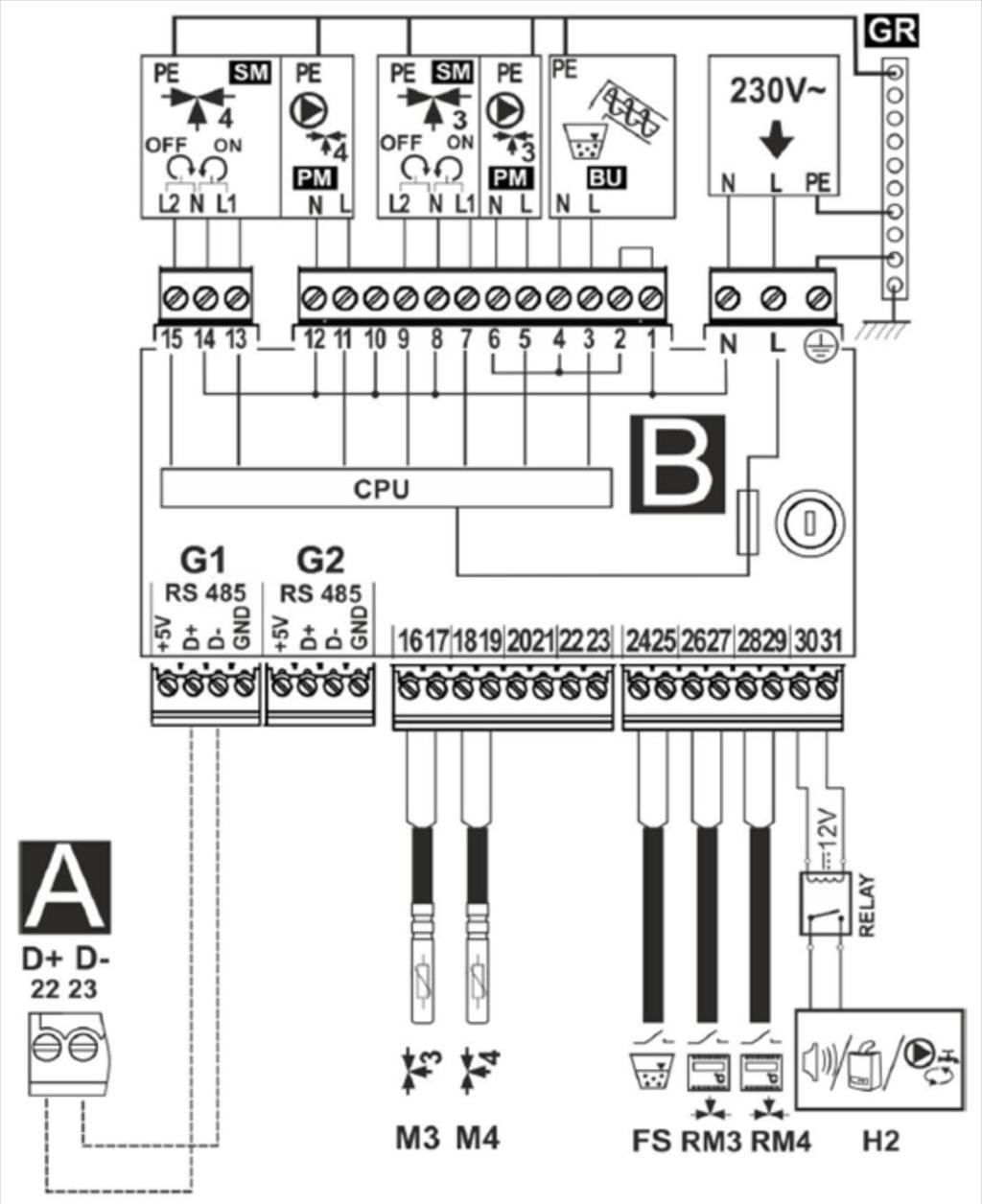 Schemat podłączeń elektrycznych - dodatkowy moduł B, gdzie: M3 - czujnik temp.