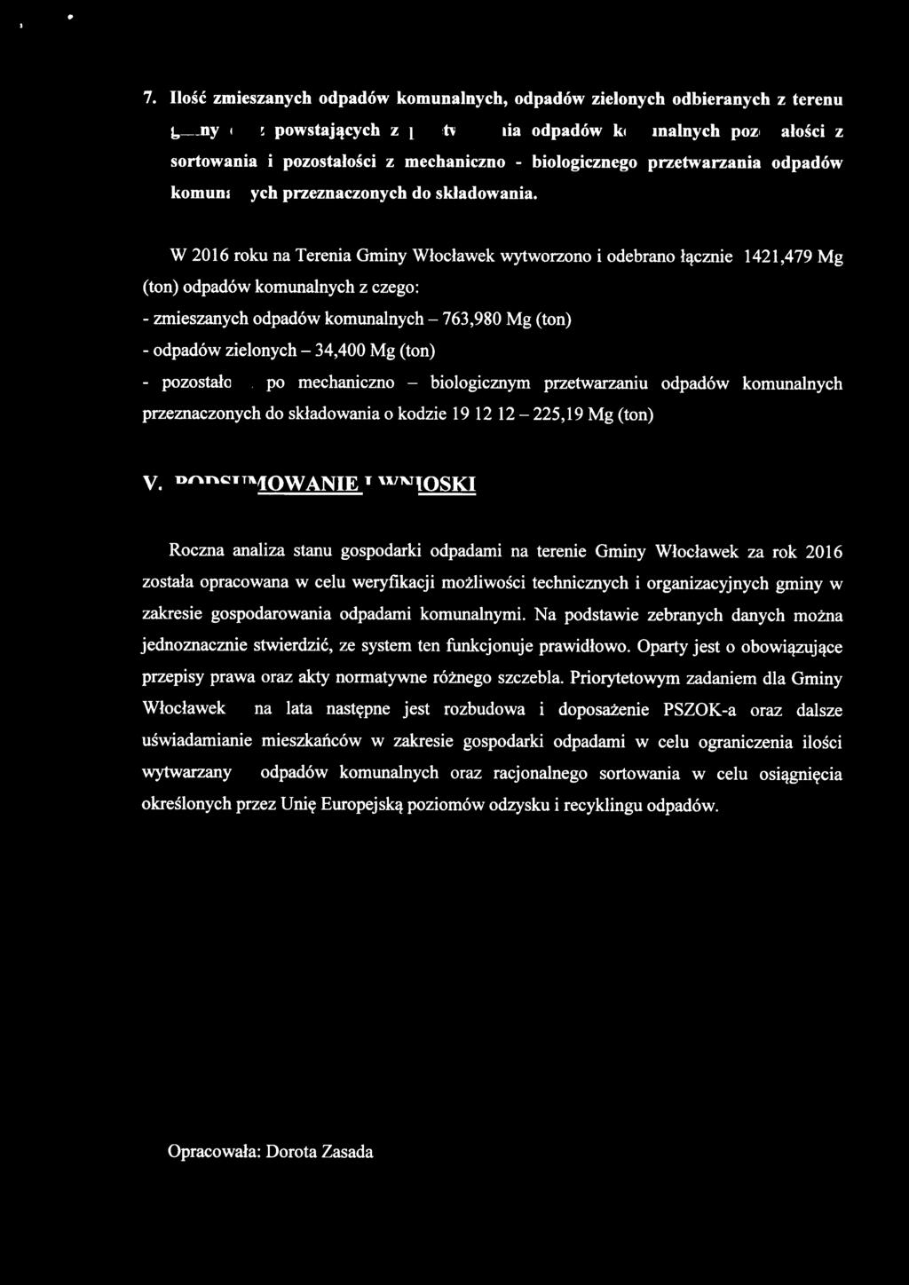 7. Ilość zmieszanych odpadów komunalnych, odpadów zielonych odbieranych z terenu gminy oraz powstających z przetwarzania odpadów komunalnych pozostałości z sortowania i pozostałości z mechaniczno -