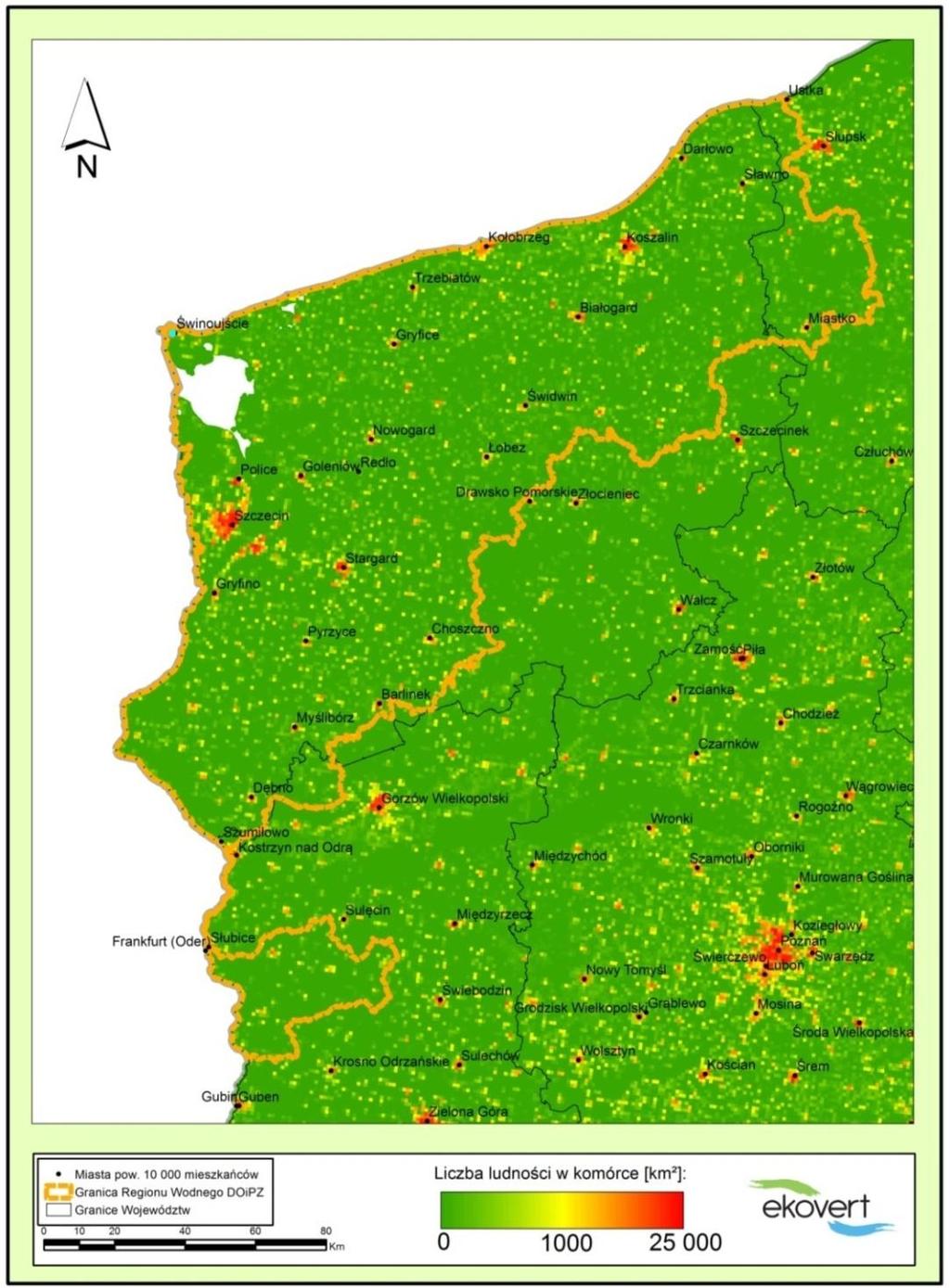 Ryc. 10 Gęstość zaludnienia w siatce kilometrowej na tle granic administracyjnych i RWDOiPZ (źródło: GUS) 4.
