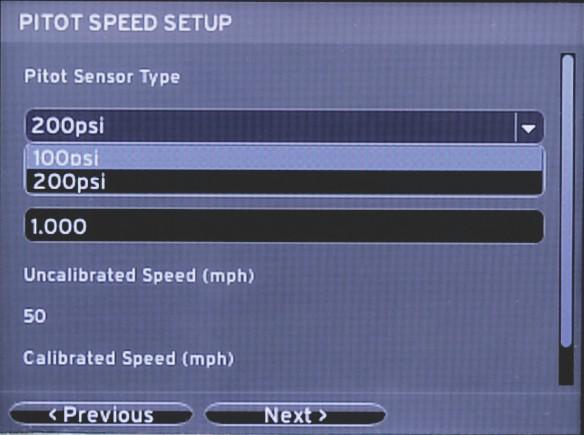 Rozdził 2 - Ekrny początkowe i systent konfigurcji Jeśli wybrny zostł czujnik pitot, pojwi się ekrn Pitot Speed Setup (Konfigurcj prędkości Pitot).