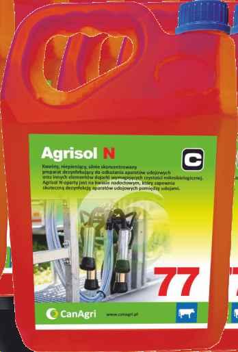 PREPARATY DO MYCIA I DEZYNFEKCJI Agrisol N AGRISOL N - kwaśny, niepieniący, silnie skoncentrowany preparat dezynfekujący oparty na kwasie nadoctowym (15%) służy do odkażania aparatów udojowych oraz