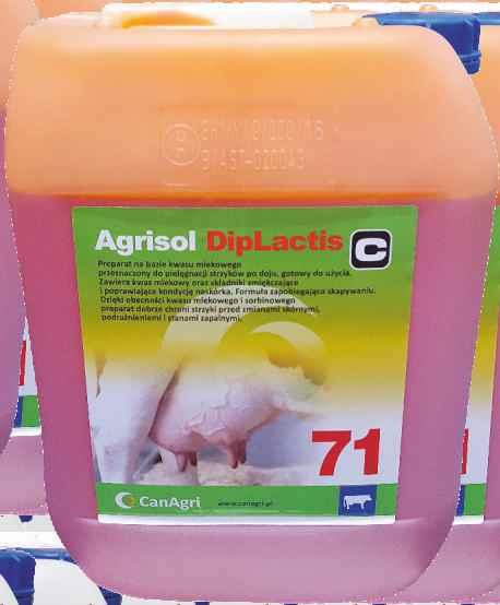 PREPARATY DO HIGIENY POUDOJOWEJ Agrisol DipLactis Agrisol DipLactis to preparat na bazie kwasu mlekowego przeznaczony do pielęgnacji strzyków po doju, gotowy do użycia.