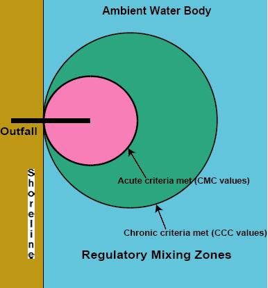 Strefa mieszania objętość, w której zachodzi proces rozcieńczania strumieni zanieczyszczeń Outfall miejsce zrzutu ścieków Shoreline linia brzegowa Ambient water body otaczająca
