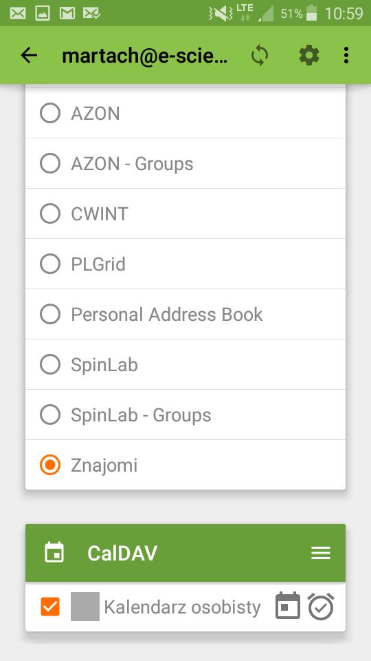 2.4 Synchronizacja Książki adresowej z telefonem na systemie Android Rys. 2.25: Wybór kalendarza, który chcemy zsynchronizować.