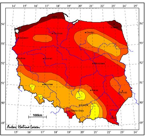 1. Strefy energetyczne wiatru w Polsce. Mapa opracowana przez prof. H. Lorenc na podstawie danych pomiarowych z lat 1971-2000.