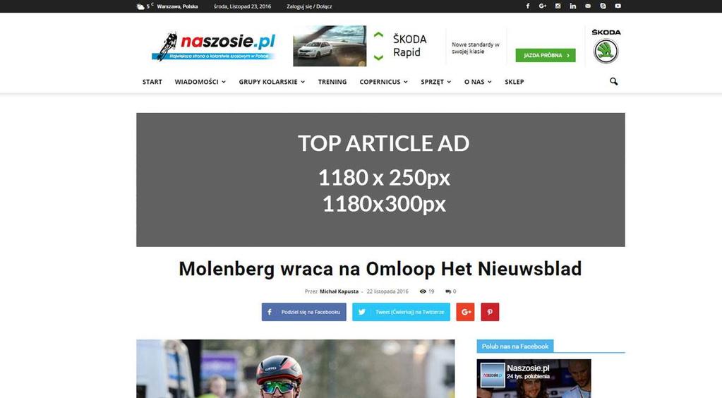TOP ARTICLE AD Modele współpracy display naszosie.pl Duży baner widoczny nad tytułem każdego artykuły na portalu.