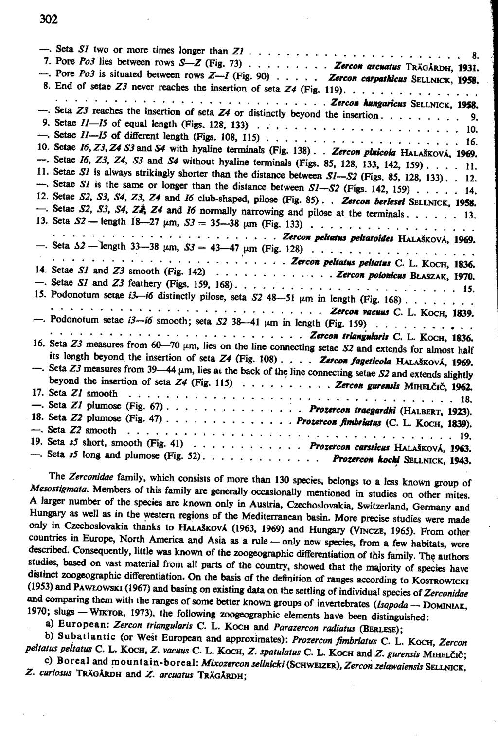 302. Seta SI two or more times longer than Zl 8, 7. Pore Po3 lies between rows S Z (Fig. 73) Zercon areuatus TRAOARDH, 1931.. Pore Po3 is situated between rows Z I (Fig.