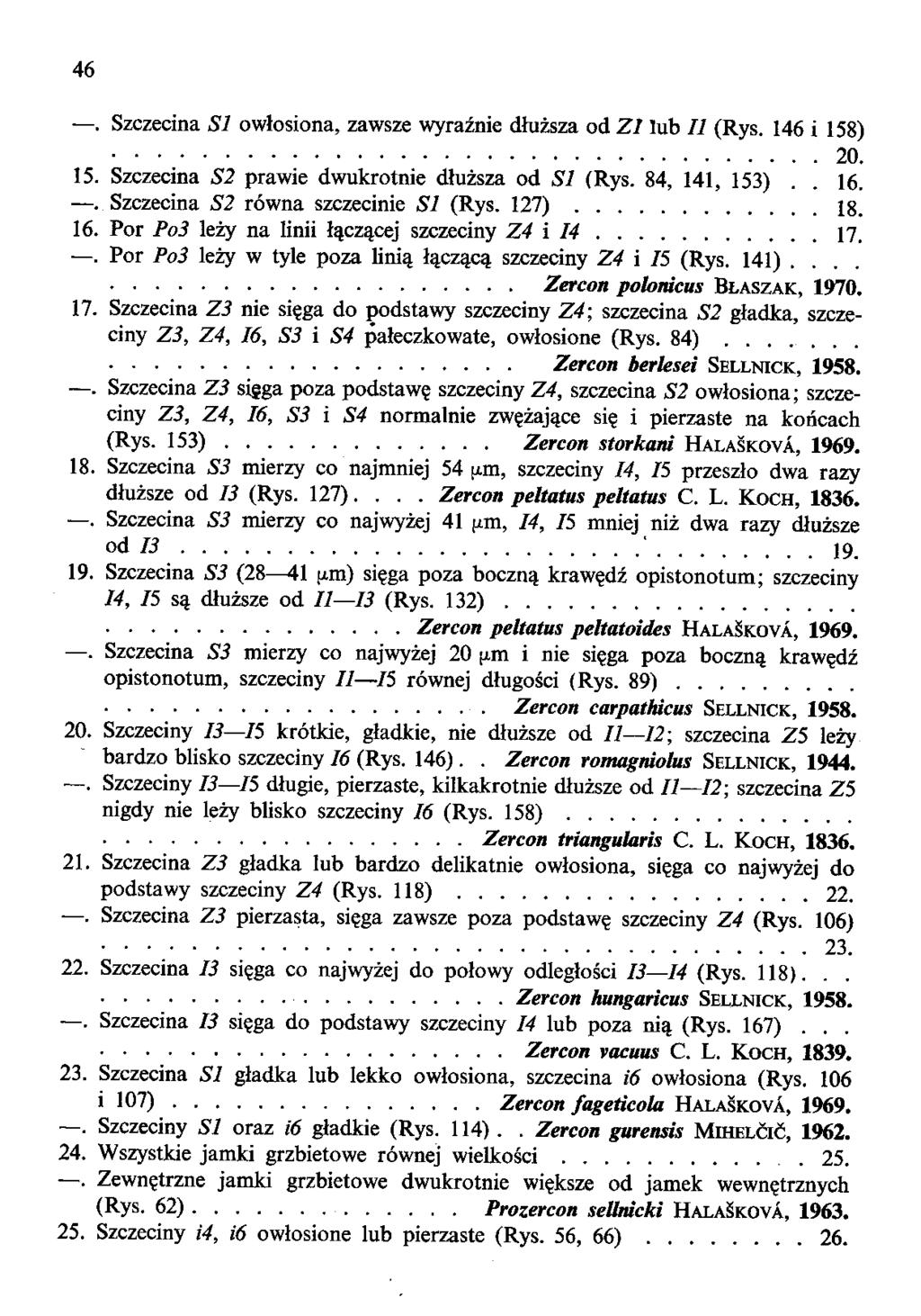 46. Szczecina SI owlosiona, zawsze wyraznie dhizsza od Zl lub II (Rys. 146 i 158) 20. 15. Szczecina S2 prawie dwukrotnie dhizsza od SI (Rys. 84, 141, 153).. 16.. Szczecina S2 rowna szczecinie SI (Rys.