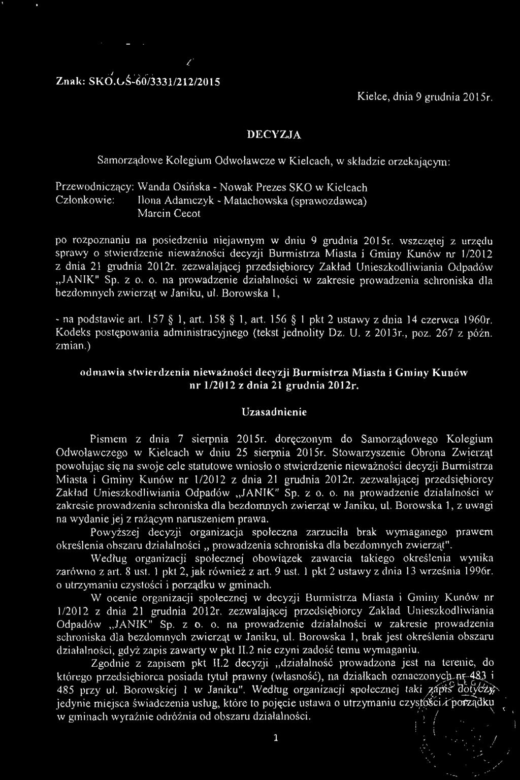SAMORZĄDOWE KOLEGIUM ODWOŁAWCZA w Znak: SKO.OŚ-60/3331/212/2015 Kielce, diiia 9 grudnia 2015r.