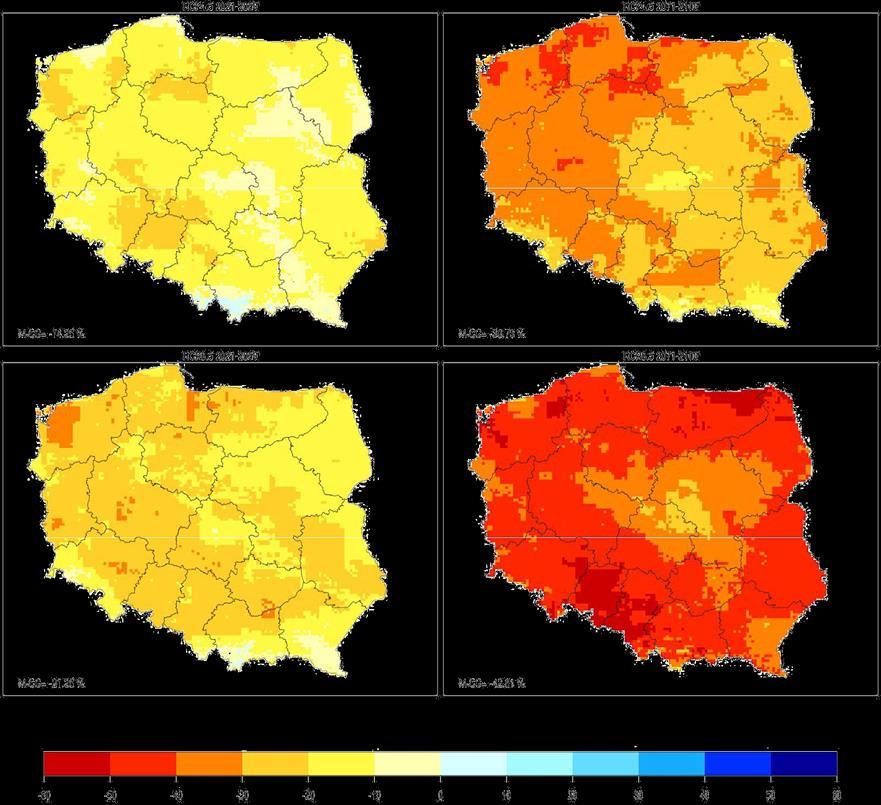 7 Projekcje zmian temperatury 117 Rys. 7.13. Maksymalne prognozowane zmiany grubości pokrywy śnieżnej w dwóch horyzontach czasowych: 2021-2050 i 2071-2100 (wiersze), wg scenariuszy RCP4.5 i RCP8.