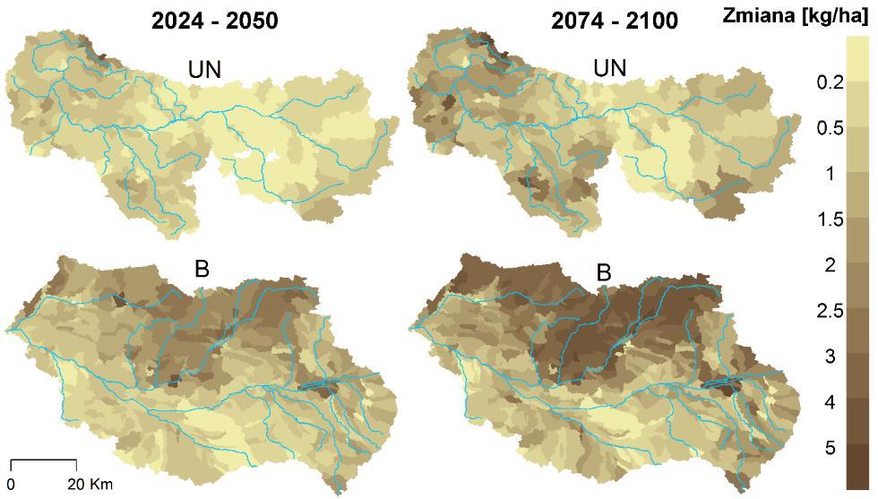 144 M. Piniewski i in. Projekcje wskazują na umiarkowany wzrost strat TP w zlewni górnej Narwi i wysoką niepewność zmian w zlewni Baryczy. Bardziej zróżnicowane są jednak zmiany sezonowe.