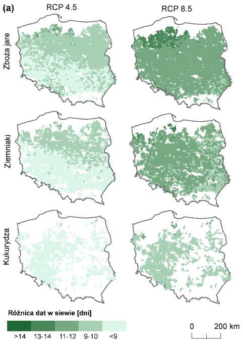 186 M. Piniewski i in. Rys. 12.1. Zmiana terminu (a) siewu i (b) zbiorów trzech głównych roślin jarych pomiędzy bliską przyszłością (2024-2050) i okresem referencyjnym (1974-2000) w polskiej