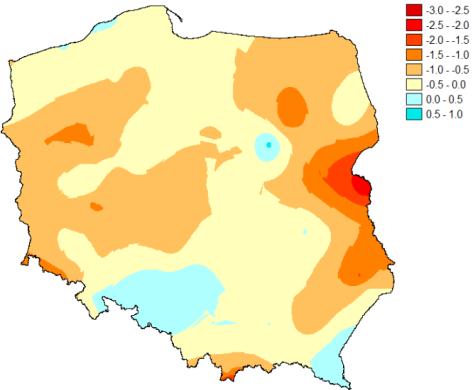 Okresy trwające dłużej niż 5 dni, w których każdego kolejnego dnia minimalna dobowa temperatura powietrza nie przekracza -10 C, po 1990 roku występowały tylko we wschodniej części kraju,