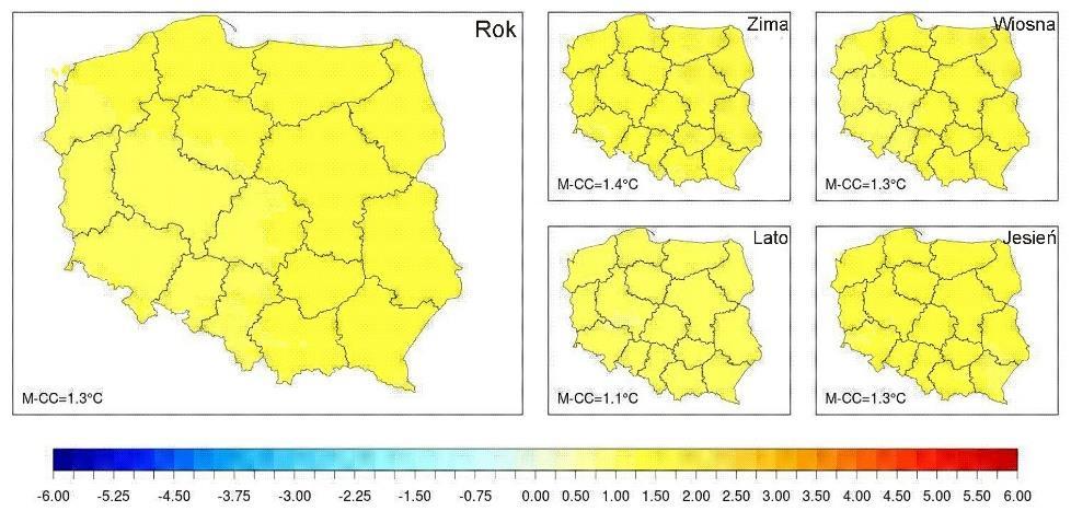 1) i około 2 C do 2071-2100 (rys. 7.2), przy założeniu scenariusza rozwoju RCP4.5, z bardzo niską zmiennością przestrzenną (przestrzenne odchylenie standardowe ~ 0,2 C). (a) RCP4.5 (b) RCP8.5 Rys. 7.1. Projekcje (metodą DD) zmian średniej temperatury ( C) dla bliskiej przyszłości (2021-2050) dla dwóch scenariuszy zmian klimatycznych: (a) RCP4.
