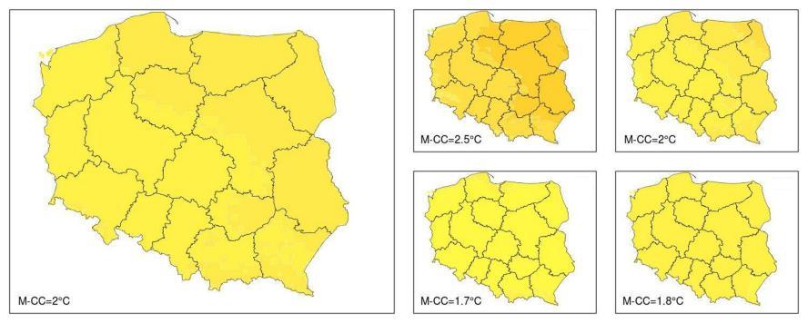 100 A. Mezghani i in. Największa zmiana temperatury sezonowej do 2071-2100 ma nastąpić zimą (2,5 C), nieco niższa wiosną (2,0 C), i jesienią (1,8 C), a najniższa latem (1,7 C).