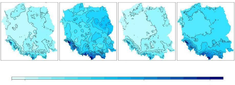 7 Projekcje zmian temperatury 115 (a) (b) (c) (d) CPLFD-GDPT5 ; wartość średnia CPLFD-GDPT5 ; wartość max Średnia z modeli; wartość średnia Średnia z modeli; wartość max Grubość pokrywy śnieżnej (cm)