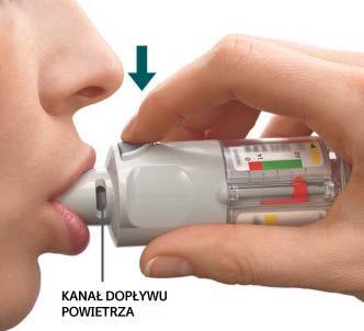 NACIŚNIJ Wykonaj powolny i pełny wydech. Obejmij szczelnie ustami ustnik, nie przykrywając przy tym kanału dopływu powietrza. Skieruj inhalator w stronę tylnej ściany gardła.