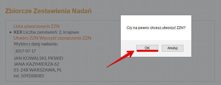 5. Potwierdzamy utworzenie ZZN przyciskiem OK. 6.