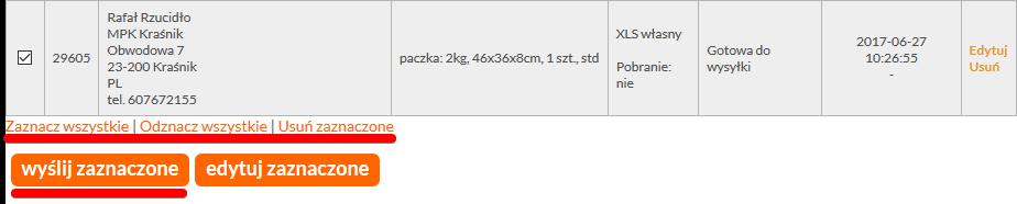 14. Zamówienie oznaczone jako Gotowa do wysyłki można wysłać. Należy zaznaczyć wybrane zamówienia i kliknąć wyślij zaznaczone. 15.