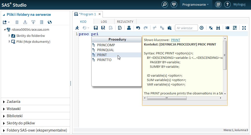 6 Rozdział 2 / Pierwsze kroki w SAS Studio Na początek napiszmy bardzo prosty program, używający prostej tabeli SAS-owej z biblioteki Sashelp.