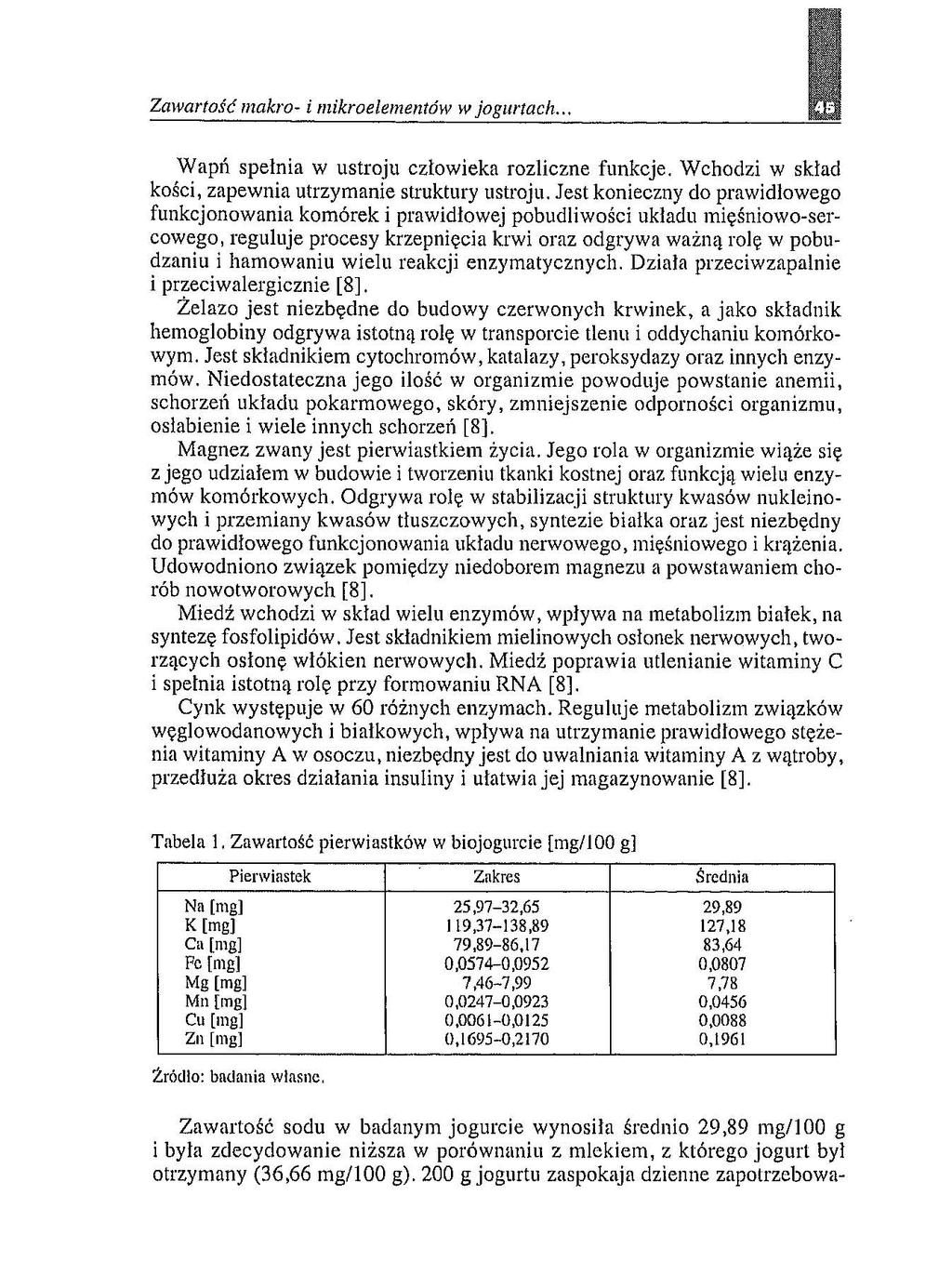 Zawartość lilakro- i mikroelementów w jogurtach... I Wapń spełnia w ustroju człowieka rozliczne funkcje. Wchodzi w skład kości, zapewnia utrzymanie struktury ustroju.