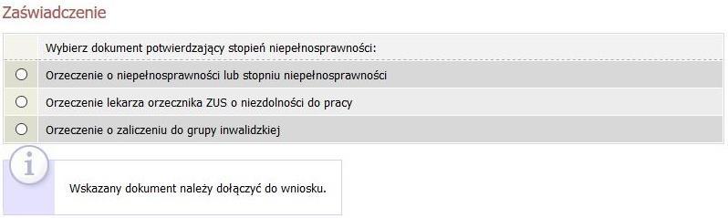 Rysunek 15 Jeśli takiej informacji nie ma w systemie, wówczas pojawi się sekcja, w której wskaż stopień niepełnosprawności, datę początkową ważności