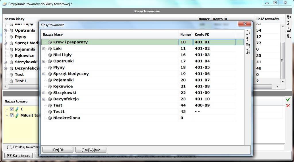 Możliwość przypisania towarów: Wszystkie towary bieżącej klasy automatycznie zaznacza wszystkie pozycje z danej klasy towarowej, następnie przypisuje pozycje do wybranej klasy (Rys 7).