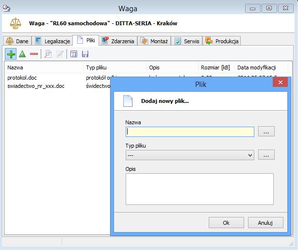 4.12 Aktualizacja plików W oknie Wag oraz Zdarzeń w zakładce Pliki istnieje możliwość aktualizacji plików, które dodane były do bazy.