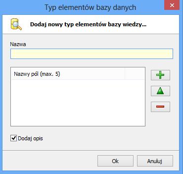 Naciśnij przycisk Baza wiedzy (pasek narzędziowy w oknie głównym aplikacji). Rys. 17. Okno bazy wiedzy Aby dodać nowy typ elementu: 1.