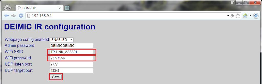 Rysunek 2. Konfiguracja połączenia modułu DEIMIC IR z siecią WiFi W celu zapisania wprowadzonej konfiguracji należy wcisnąć przycisk Save.