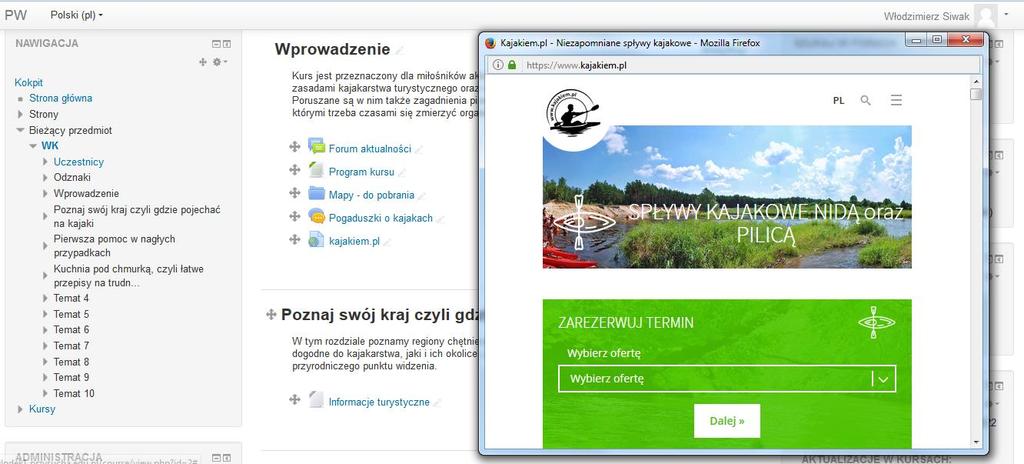 Osadzone osadza nasze łącze na stronie Moodle. W tym przypadku decydujemy również o tym, czy widoczny ma być opis zasobu (Wyświetl opis adres URL).