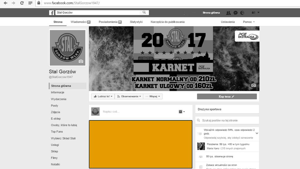 REKLAMA NA FACEBOOKU Możliwość umieszczenia informacji o Sponsorze danego zawodnika na oficjalnym profilu Stali Gorzów, WIADOMOŚĆ NA OFICJALNEJ STRONIE