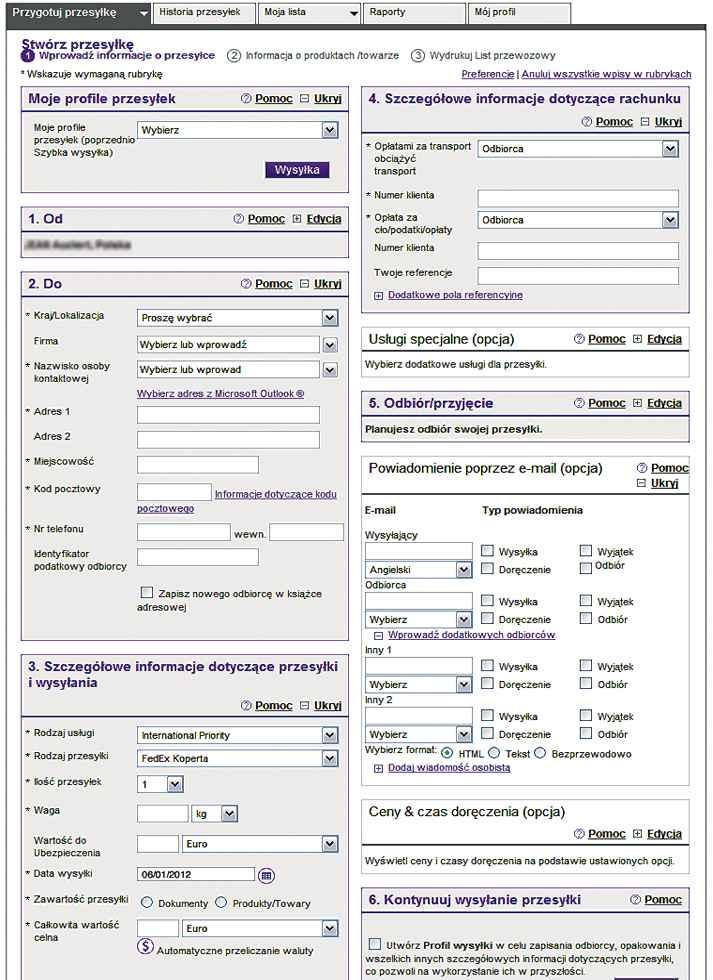 Eksport Import Wypełnianie listu przewozowego List przewozowy FedEx wymagany jest do każdej nadanej przesyłki.