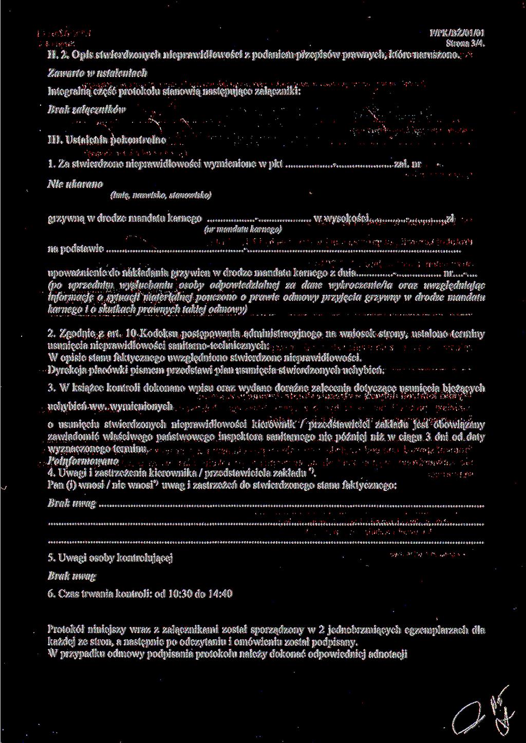 F/PK/BZ// Strona /. II.. Opis stwierdzonych nieprawidlowosci z podaniem przepisow prawnych, ktore naruszono.