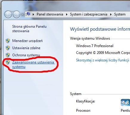 Rysunek 2: Zaawansowane ustawienia systemu w Win7 postawić znak ; oraz wkleić ścieżke do katalogu bin. Oznacza to, że na koniec zmiennej PATH powinien zostać doklejony frgament o postaci np.