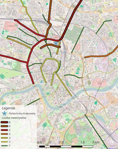 Rysunek 7 obrazuje wszystkie podane przez ankietowanych ciπgi, które uwaøajπ za g ówne na swojej trasie jadπc na PolitechnikÍ Krakowskπ.